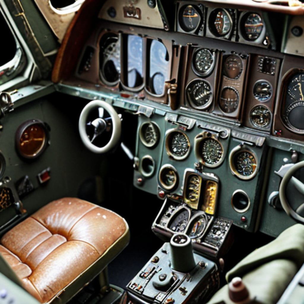 ** Close-up of a highly detailed resin model airplane cockpit, showcasing intricate instruments and realistic weathering. Focus on the artistry and craftsmanship involved.

**